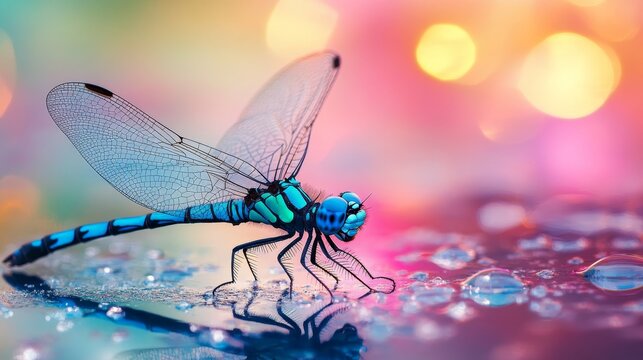 Vibrant blue dragonfly perched on dewy surface against a colorful nature background