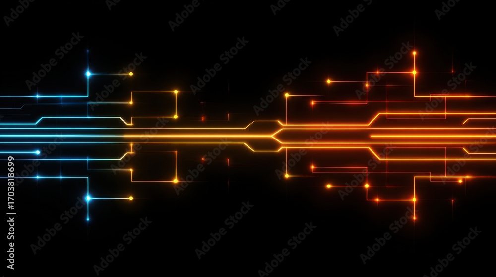 Aufkleber colorful circuits with blue and orange lights are displayed against a dark background, representing 