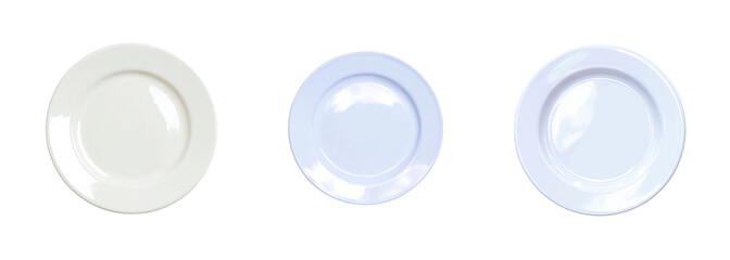 Three clean, white, and light blue ceramic plates, isolated on black, perfect for culinary design, restaurant graphics, and food blog visuals. PNG set with transparent background.