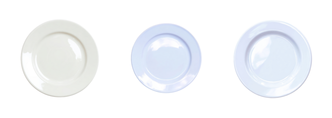 Three clean, white, and light blue ceramic plates, isolated on black, perfect for culinary design, restaurant graphics, and food blog visuals. PNG set with transparent background.