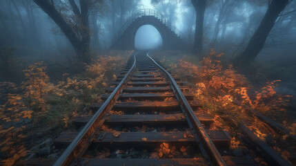 Old train tracks wind through a misty autumn forest with a stone bridge arching over them on a mysterious foggy morning.
