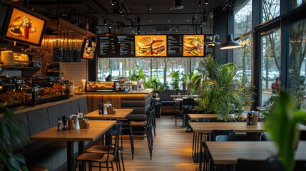 Innovative restaurant interior design featuring digital signage technology, optimized layout, ergonomic furniture, and ambient lighting for enhanced customer experience