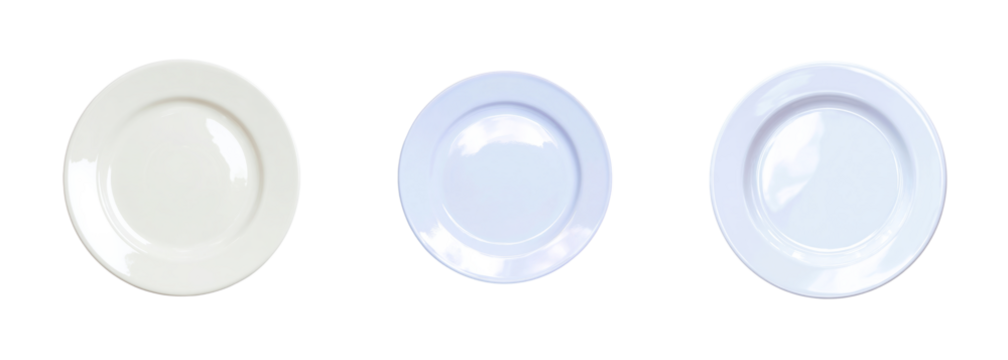 Three clean, white, and light blue ceramic plates, isolated on black, perfect for culinary design, restaurant graphics, and food blog visuals. PNG set with transparent background.
