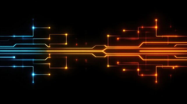 Colorful circuits with blue and orange lights are displayed against a dark background, representing technology and innovation. The vibrant lines create a dynamic visual effect.