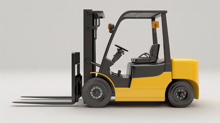 Forklift truck with a compact yellow metal body, a hydraulic lifting mast, and two front forks, operating in a warehouse or logistics center to lift and move wooden pallets stacked with boxes, equippe