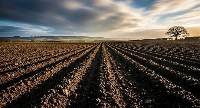 Plowed furrows stretch towards the horizon under a dramatic sunrise sky.