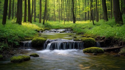 Obraz premium Sunlight streams through a dense forest, illuminating a small, cascading brook. Green moss covers rocks along the water's edge