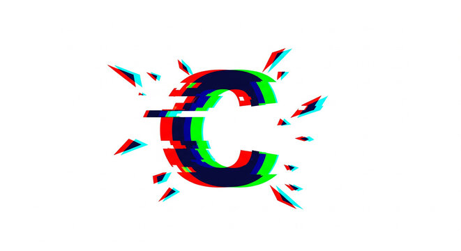 Dynamic glitch effect letter C exploding with vibrant digital energy and sharp geometric shards