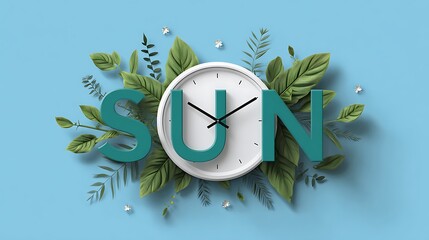 Minimal Sunday poster, sky blue background, green typography SUN, flat vector clock with fresh nature style