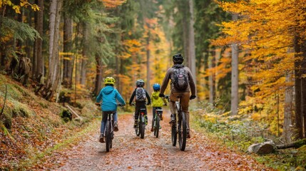 Obraz premium A family of four rides bicycles along a dirt path in an autumn forest. Colorful leaves surround them as they enjoy the outdoors, creating lasting memories together.
