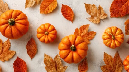 Fototapeta premium A vibrant arrangement showcases several pumpkins surrounded by orange and brown leaves on a light textured surface, capturing the essence of autumn in a warm, inviting scene.