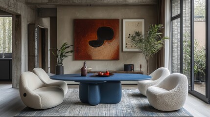 Sophisticated interior design featuring contemporary aesthetics, spatial composition, ergonomic furnishings, and innovative color textures for modern living