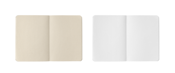 Overhead shots of notebook pages: one made of white paper, the other of kraft paper.