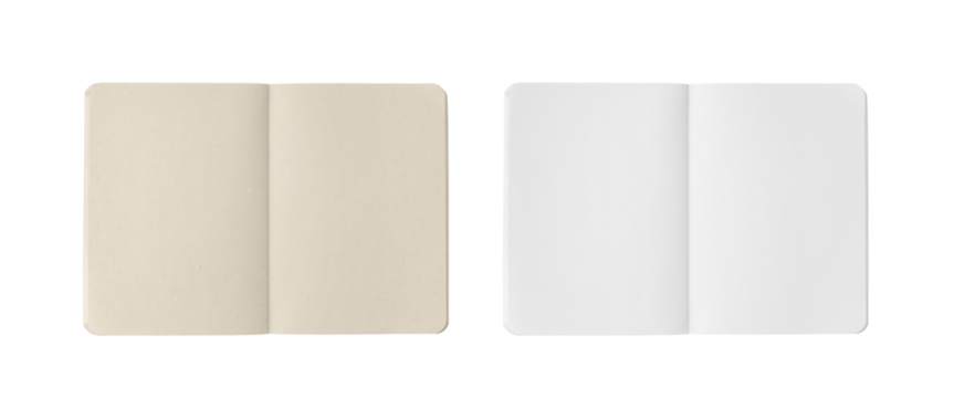 Overhead shots of notebook pages: one made of white paper, the other of kraft paper.