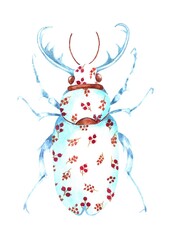 watercolor beetle. Lucanus cervus. A blue beetle with horns and a beautiful red berry pattern