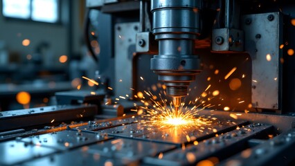 Industrial Laser Cutting Sparks in High-Tech Manufacturing Setting