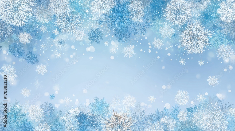 Poster delicate snowflakes in shades of blue float across a soft background, creating a tranquil and enchan