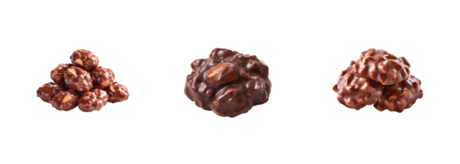 Delicious chocolate nut cluster assortment on black background, isolated sweet treat for candy and dessert projects, PNG set, transparent background