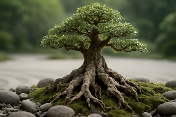 Detailed Bonsai Tree with Gnarled Roots Surrounded by Stones and Soft Green Moss in Zen Garden