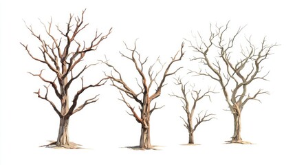 Four distinct bare trees display their unique shapes and sizes against a white background, highlighting the intricate details of their branches and trunks. This artwork emphasizes natures beauty.