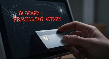 Hand placing blank credit card into terminal with "blocked - fraudulent activity" message. Financial fraud concept, data breach, cyber security.