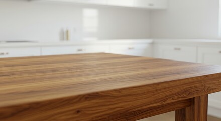 Wooden Table Top in Modern White Kitchen Interior