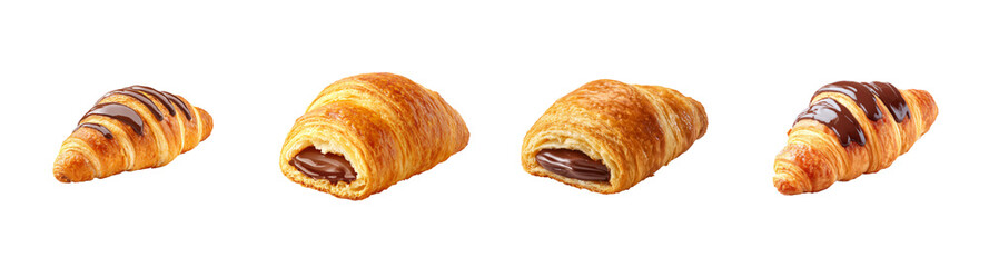 Delicious chocolate croissant and pain au chocolat pastry variety with rich dark chocolate, isolated on black, PNG set, transparent background