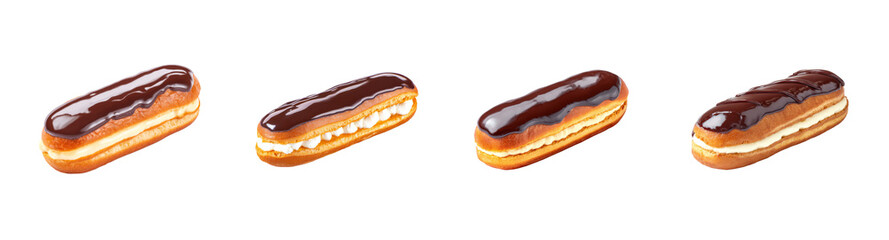 Decadent Chocolate Glazed Eclairs with Creamy Filling, PNG set, transparent background