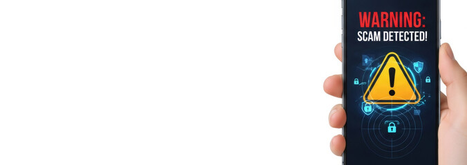 Hand holds smartphone with a scam alert warning and exclamation mark on screen. Cybersecurity, data protection and antimalware concept on mobile device for crime.