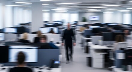 A busy office space, with people working at their desks, filled with light and modern design.