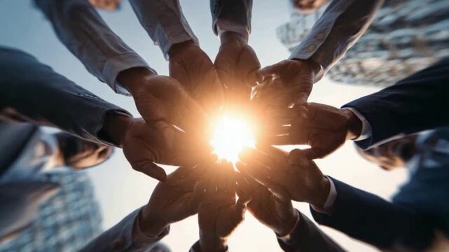Teamwork's Golden Touch: A low-angle shot captures hands united in a circle as a golden sun bursts through the center, symbolizing strength, unity, and achievement in business. 