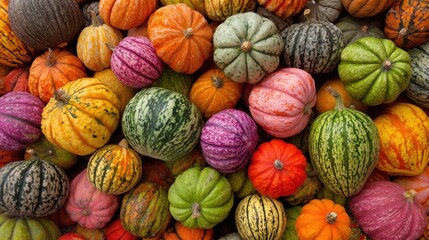 A vibrant collection of pumpkins and gourds in various shapes, sizes, and colors fills a market stall during the autumn season, showcasing natures harvest and beauty.