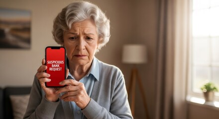 Older woman showing smartphone with a suspicious bank request notification on screen, representing online scam and financial fraud.