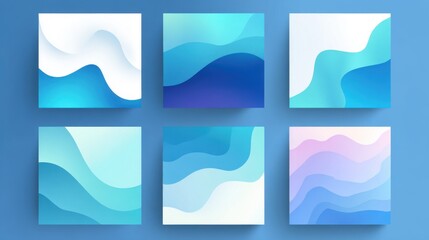 Six square panels display vibrant abstract wave designs in varying shades of blue, teal, and light purple. The artwork emphasizes smooth transitions and fluid shapes, creating a serene atmosphere.