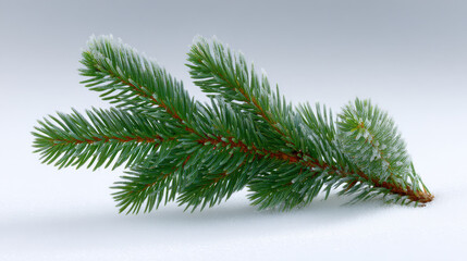 single spruce branch delicately rests against pristine white snow background