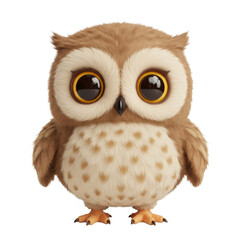 Cute Fluffy Brown Owl with Big Eyes Isolated on Transparent Background Standing Upright