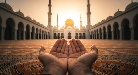 A person is praying in front of a mosque at sunset, with their hands raised toward the sky.