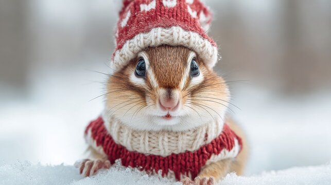 A small chipmunk is dressed in a red knitted sweater and hat while sitting on a snow-covered ground. The winter landscape showcases its fluffy cheeks and playful expression.