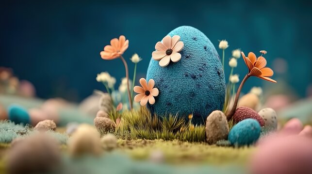 Teal Easter Egg Surrounded by Pastel - Colored Flowers and Miniature Eggs in a Lush, Dreamy Setting