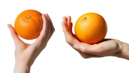 Set of female hand holding orange isolated on transparent background.