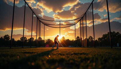Young man practicing cricket with bat during sunset on field