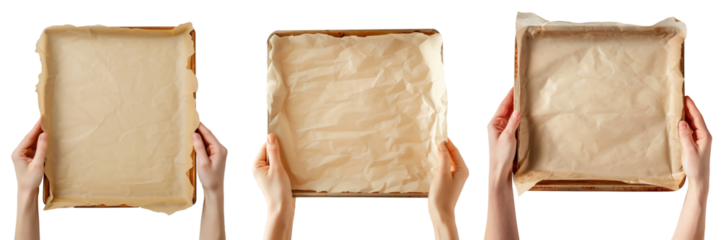 Set of female hand holding empty square baking tray with brown parchment paper isolated on transparent background.