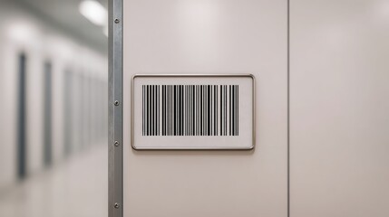 Construct worker factory, A close-up of a barcode label affixed to a light-colored surface, likely indicating an identification or tracking system in a storage area.