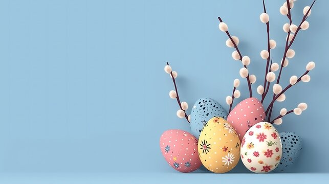 Easter Eggs with Floral and Polka - Dot Patterns and Pussy - Willow Branches on a Light Blue Background