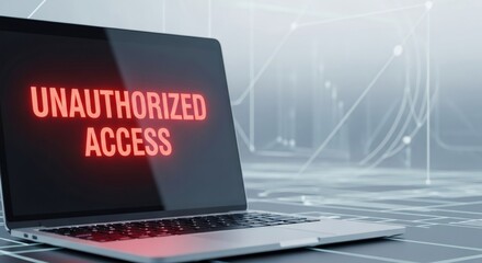 Laptop screen displaying "unauthorized access" message in red. Cybersecurity threat, hacking and data breach concept. Financial fraud and internet security.