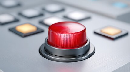 Construct worker factory, A close-up of a shiny red button on a control panel, surrounded by other buttons, suggesting a mechanism or alert system.