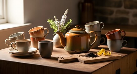 Obraz premium Teapot And Cups prep scene in butcher block rustic kitchen