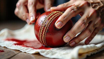 Person preparing cricket ball with hands on cloth background  