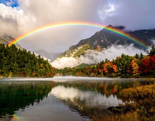 Autumnal rainbow over a serene lake