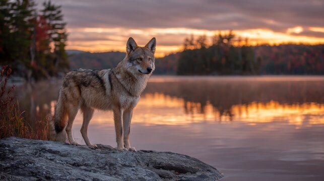 A coywolf poses on a rock by the serene lake, surrounded by trees displaying colorful autumn leaves. The sunrise casts a warm glow over the scene, creating a tranquil atmosphere.